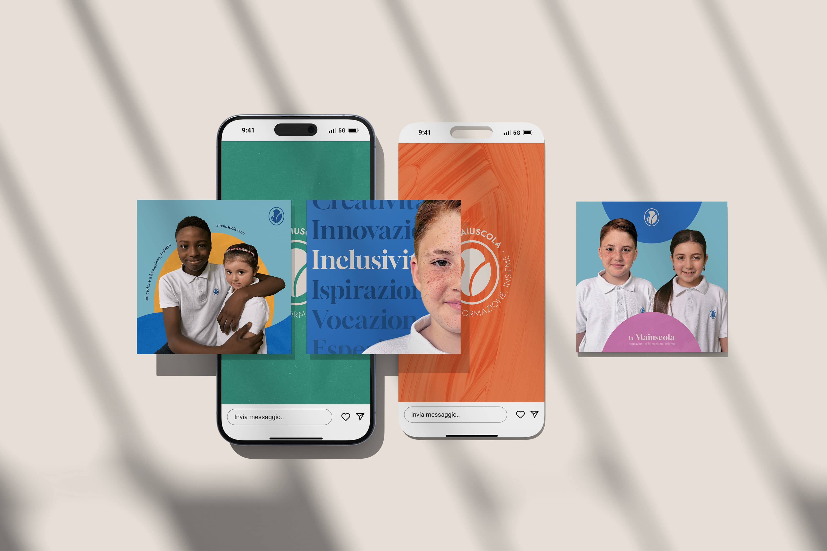 Two smartphones displaying colorful social media posts featuring smiling children in white polo shirts and words like Inclusivity, with a beige background and shadows.