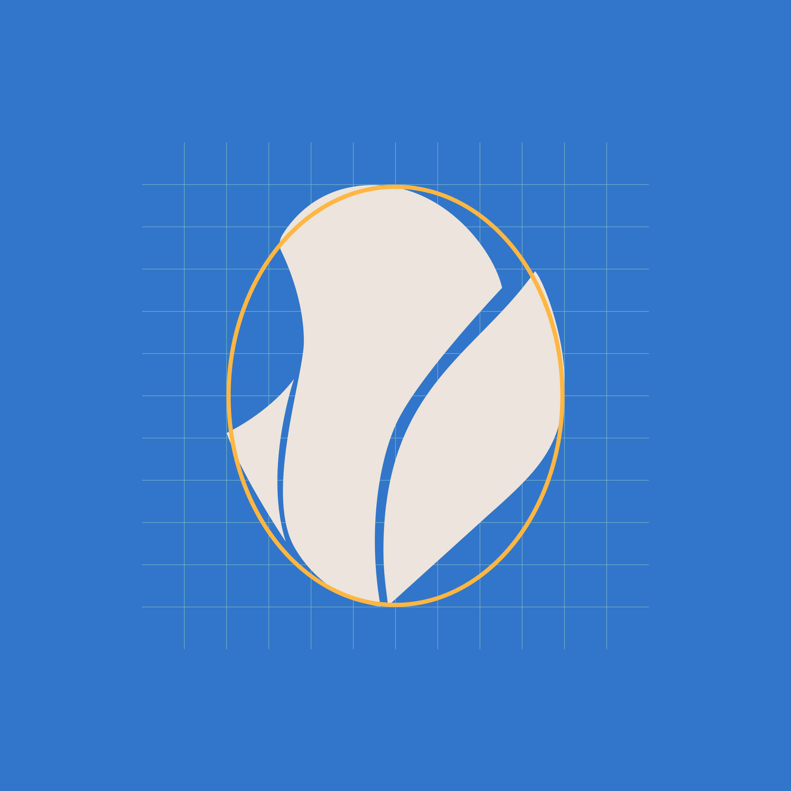 Abstract beige shapes enclosed in an orange oval on a blue grid background.
