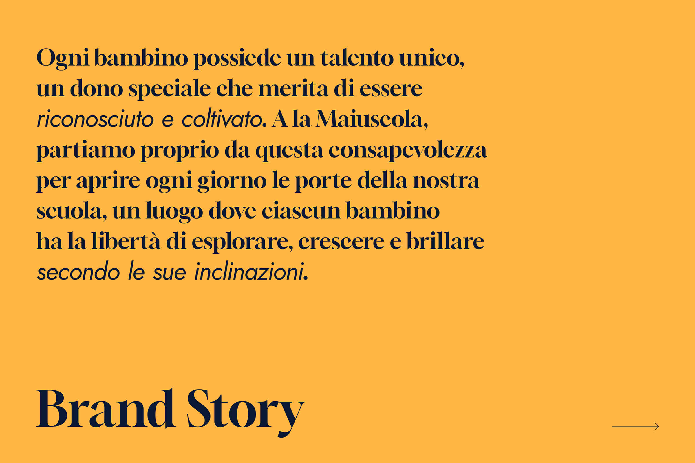 Italian text on orange background describing the unique talents of each child and the school's mission to foster exploration and growth, with the heading 'Brand Story'.