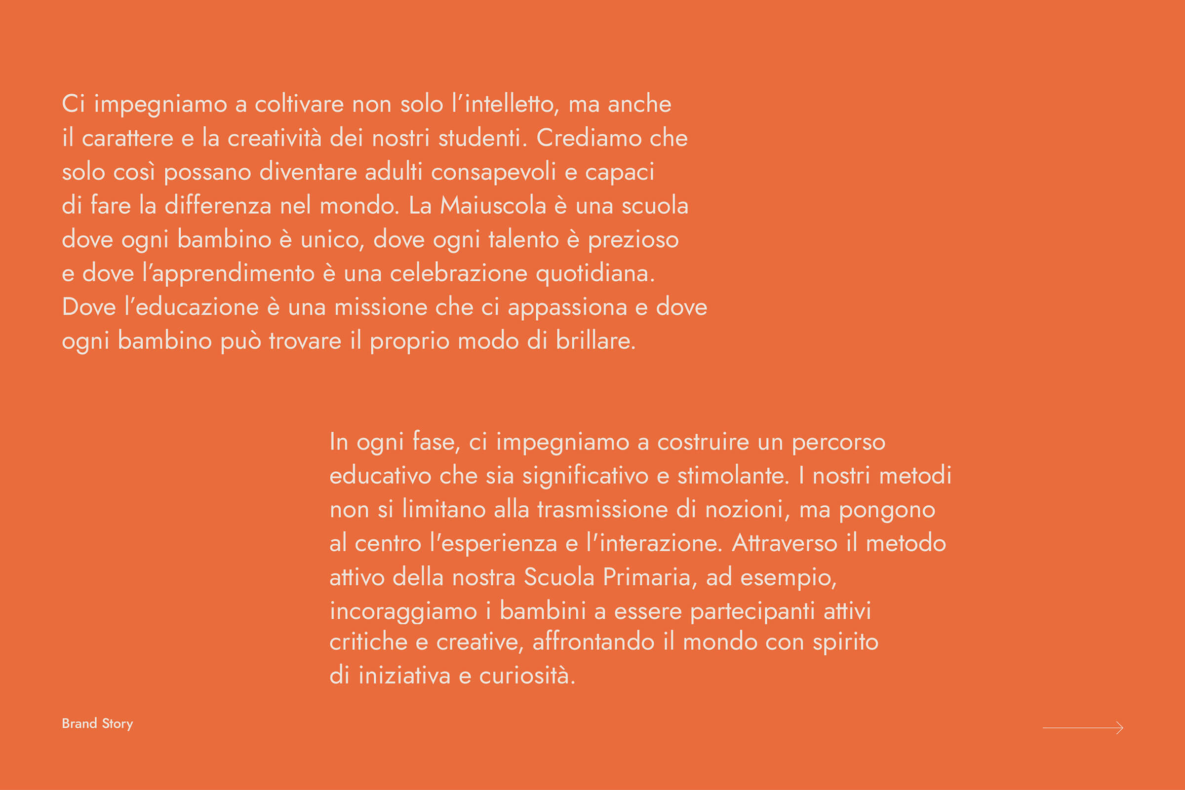 Text on an orange background describing a school's commitment to cultivating intellect, character, and creativity in students, emphasizing unique talents, daily learning celebration, and active, meaningful education methods.