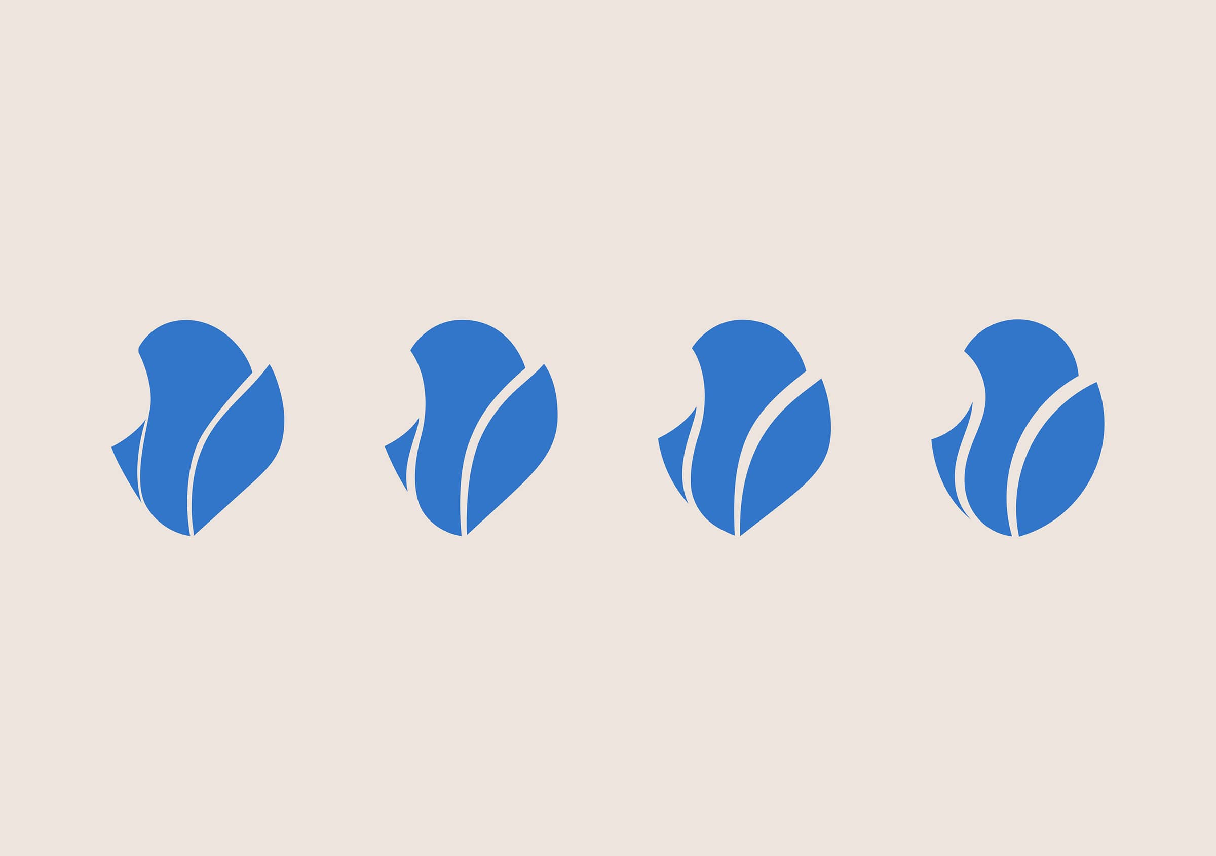 Four blue abstract leaf shapes in a horizontal row on a light beige background.