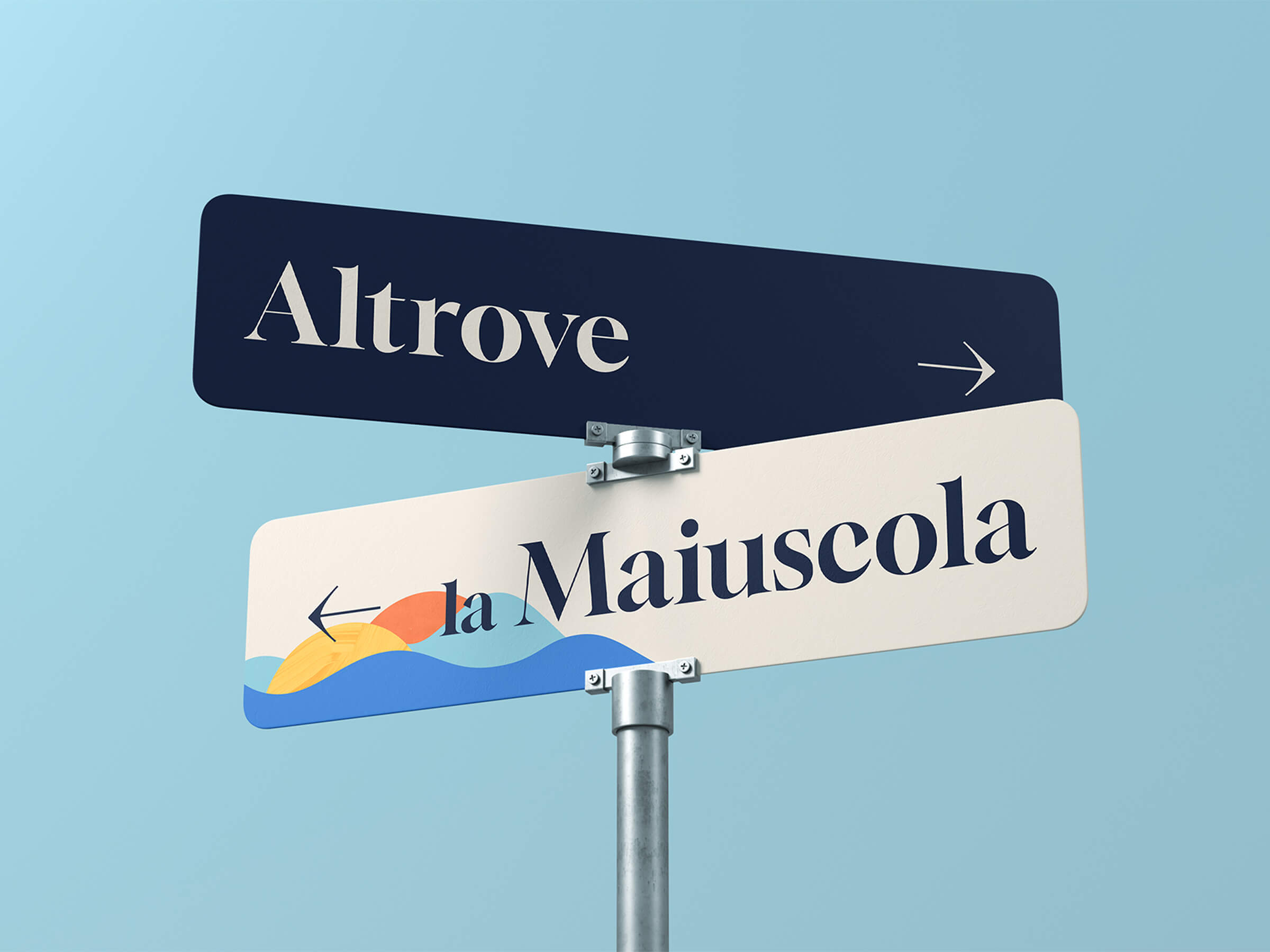 Two street signs on a metal pole against a blue sky background; the top navy sign reads 'Altrove' with a right arrow, the bottom cream sign reads 'la Maiuscola' with a left arrow and wave and sun illustration.