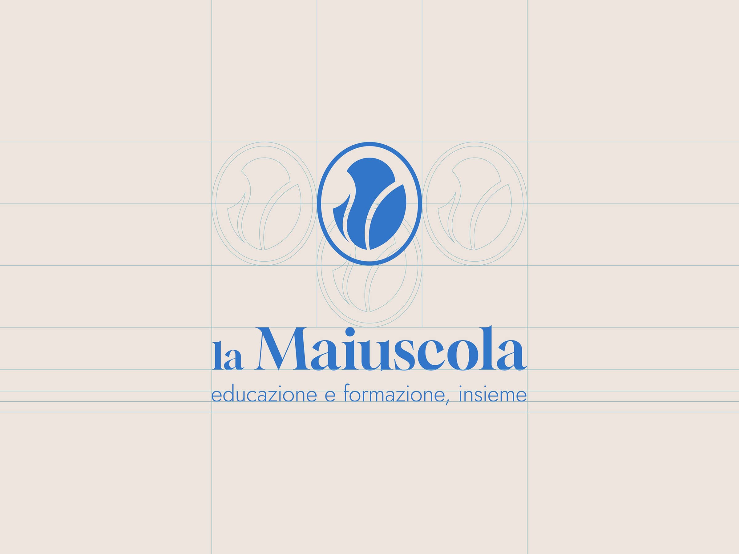 Blue logo with an abstract design above the text 'la Maiuscola educazione e formazione, insieme' on a light beige background.