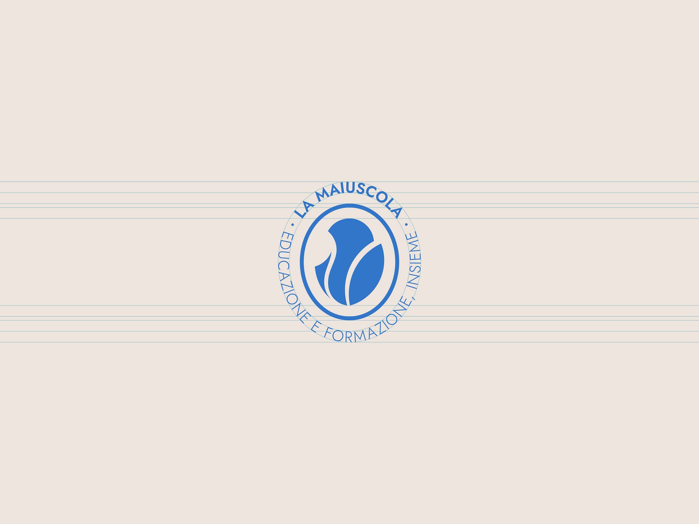 Blue circular logo with abstract shapes in the center and Italian text around the border on a beige background.