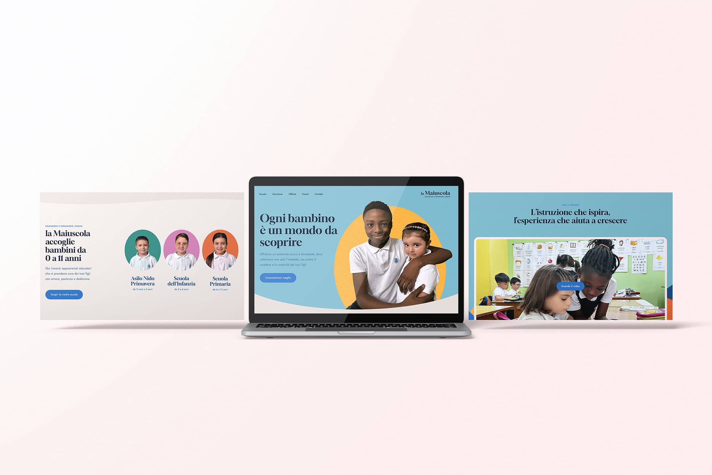 Three screens showcasing an educational website with children and text about early childhood education programs from 0 to 11 years.