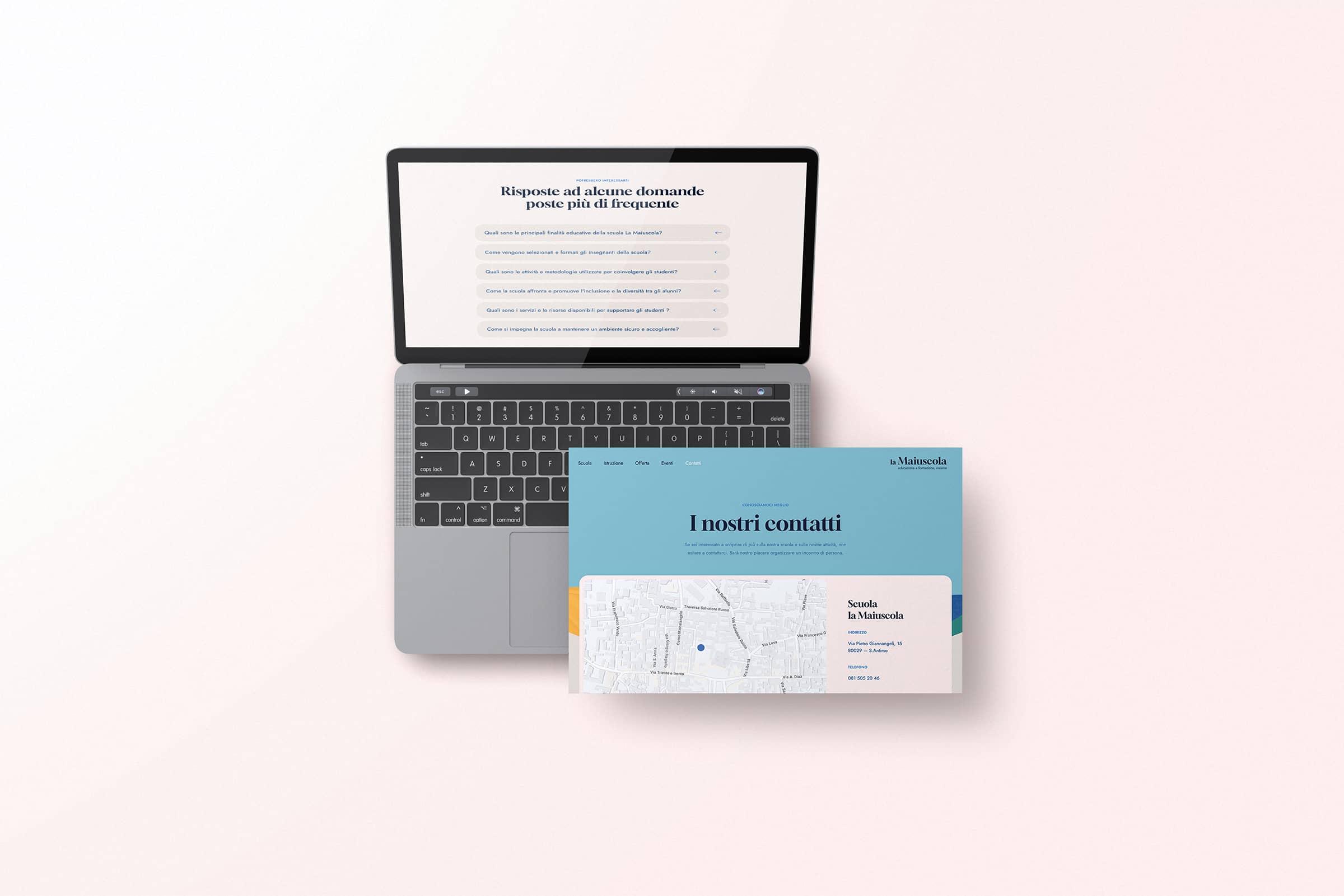 Open laptop displaying FAQs in Italian above a contact information card with map and address for Scuola la Maiuscola.