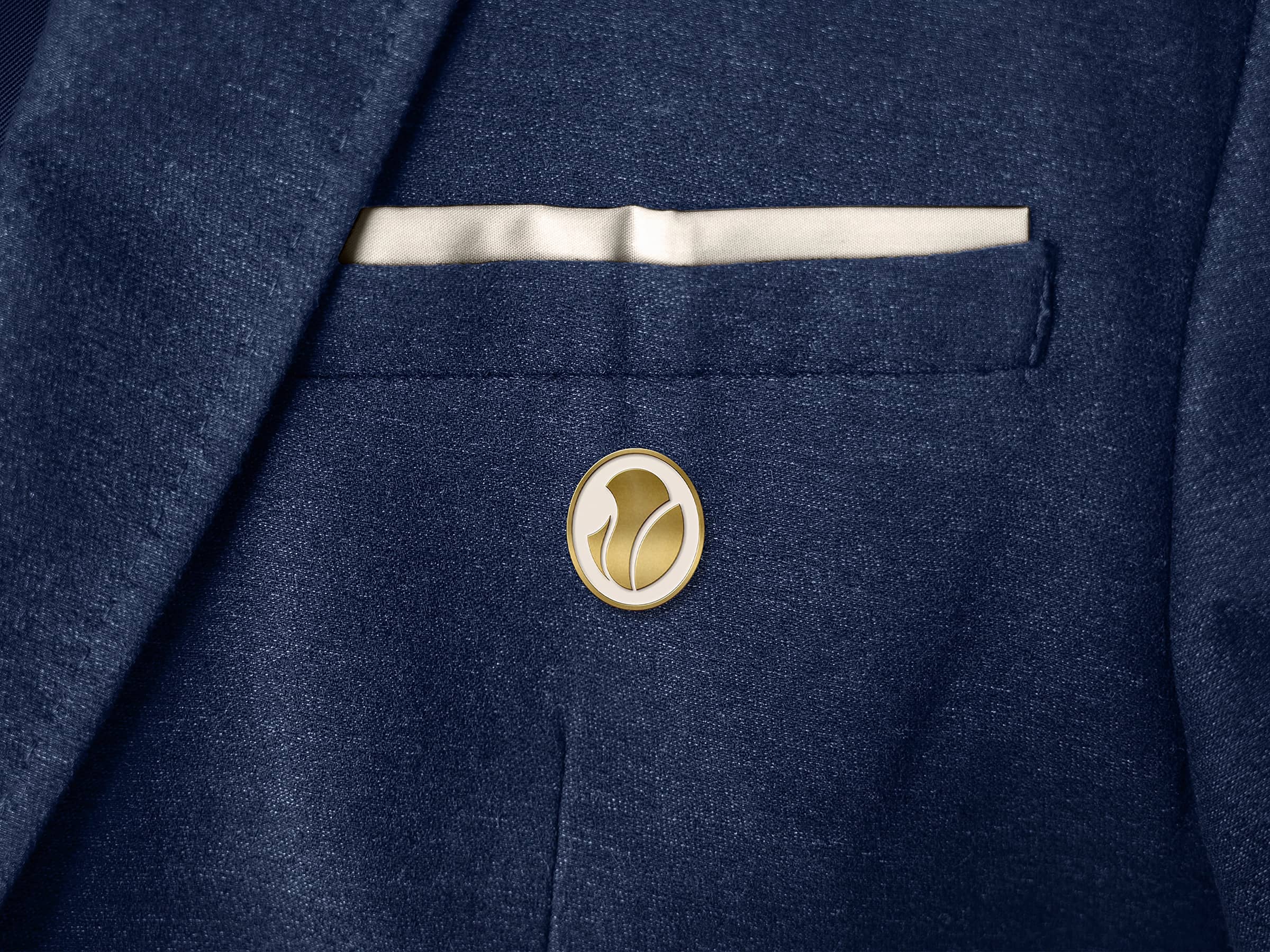 Close-up of a navy blue suit jacket pocket with a white pocket square and a round gold and white lapel pin.