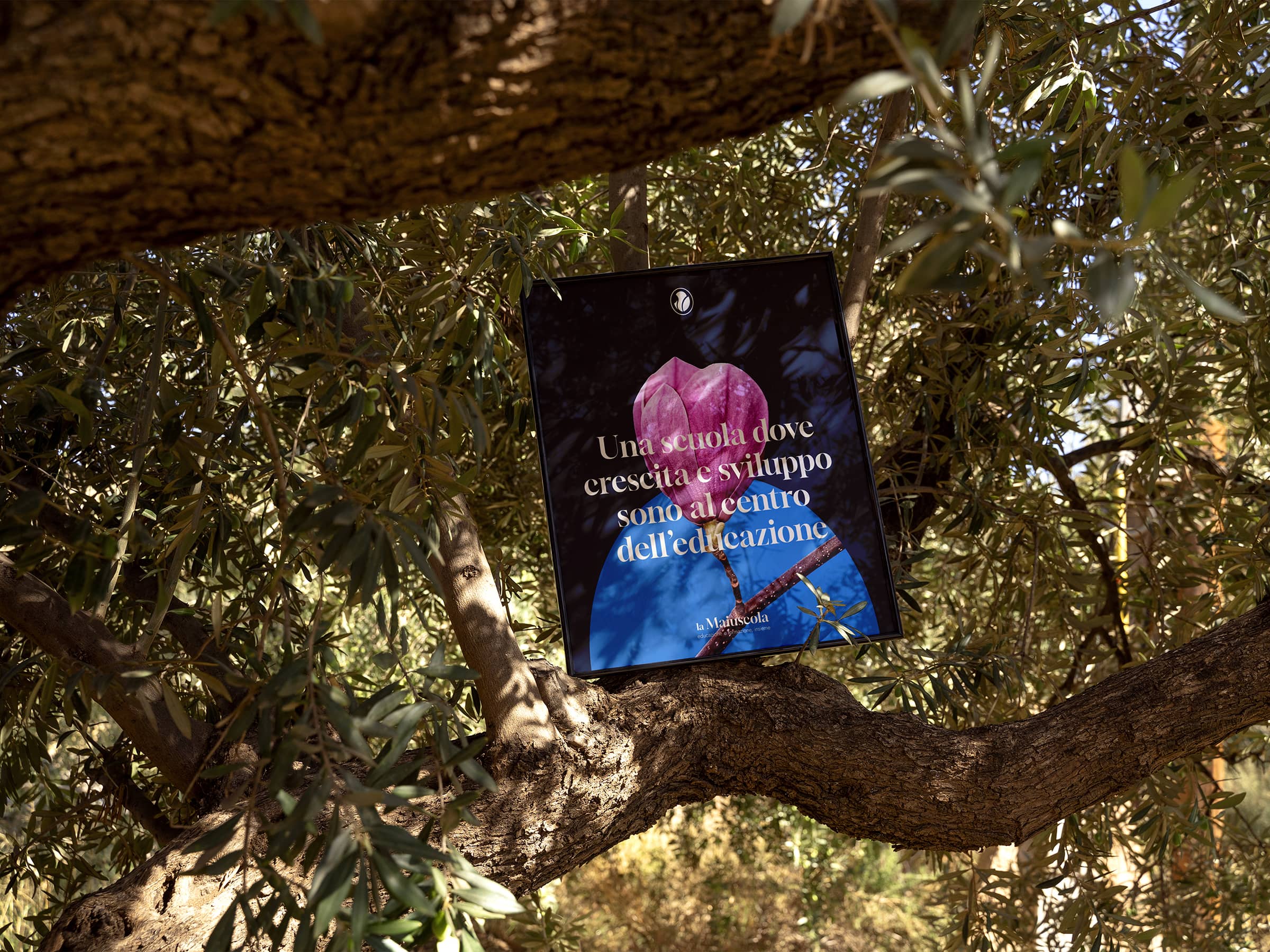 Poster with a pink flower and text in Italian about education placed on a tree branch surrounded by green leaves.
