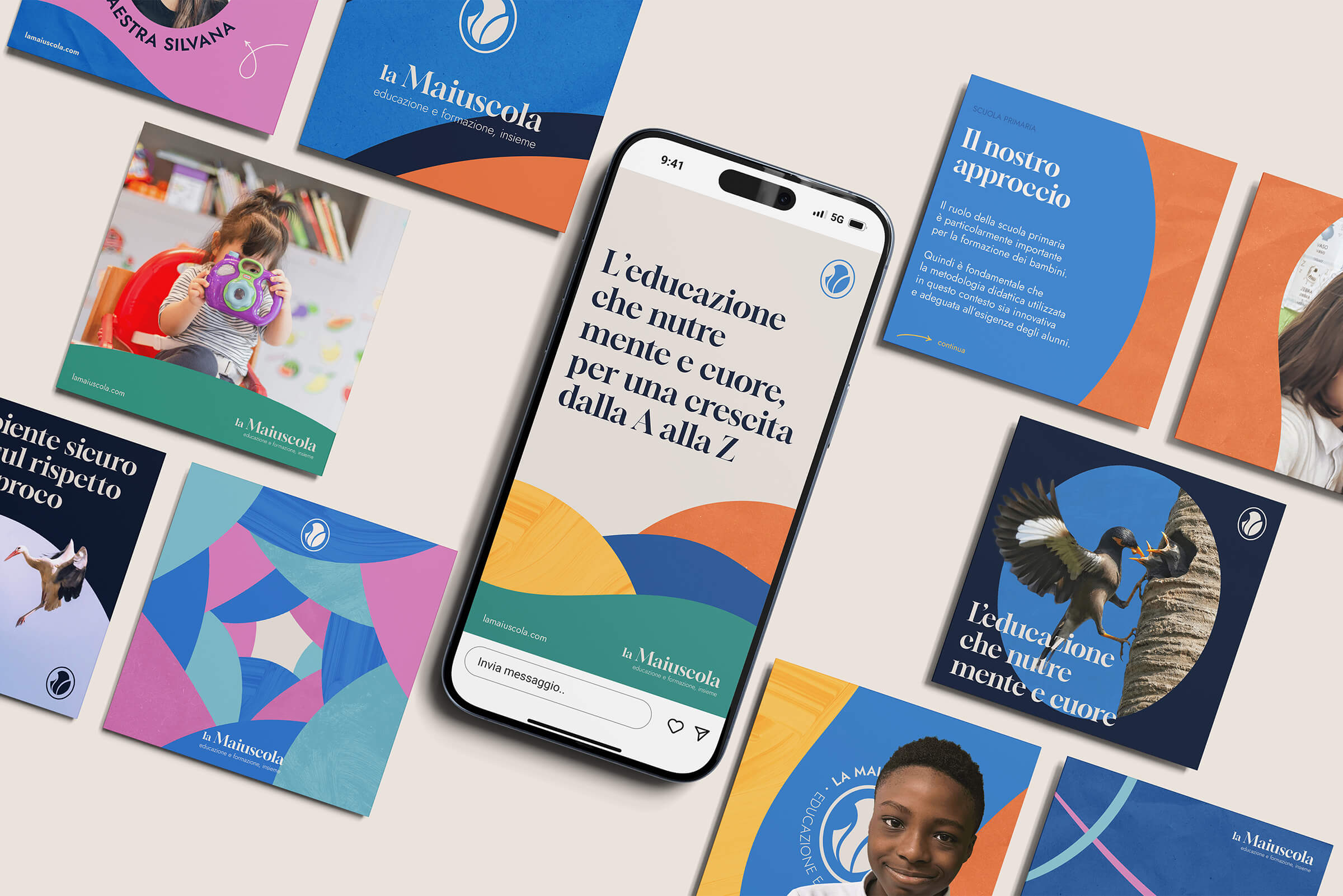 Smartphone displaying text in Italian about education surrounded by colorful promotional cards featuring children, birds, and educational themes.