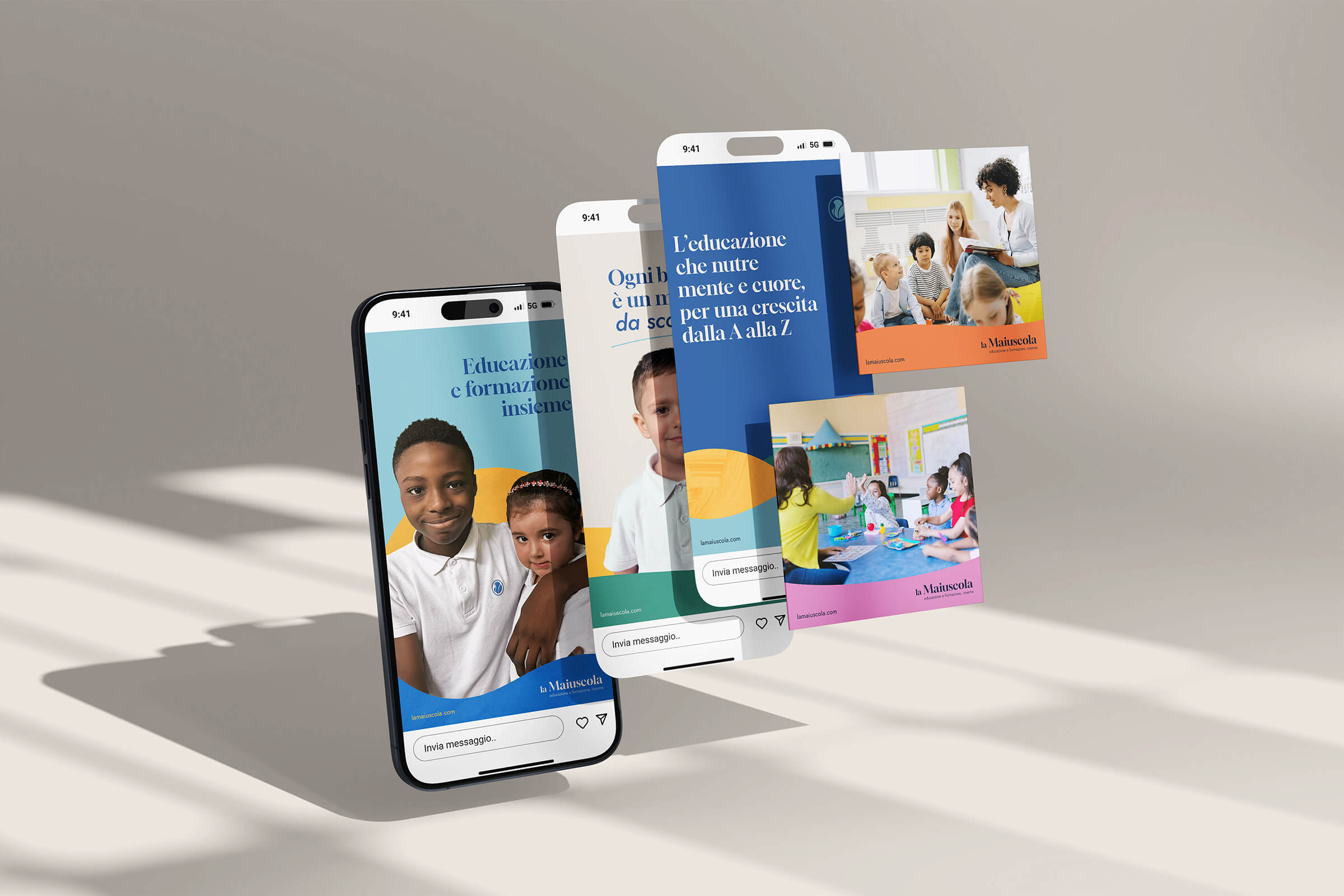 Three smartphones and two posts display diverse children and teachers in colorful educational settings with Italian texts about growth and education.
