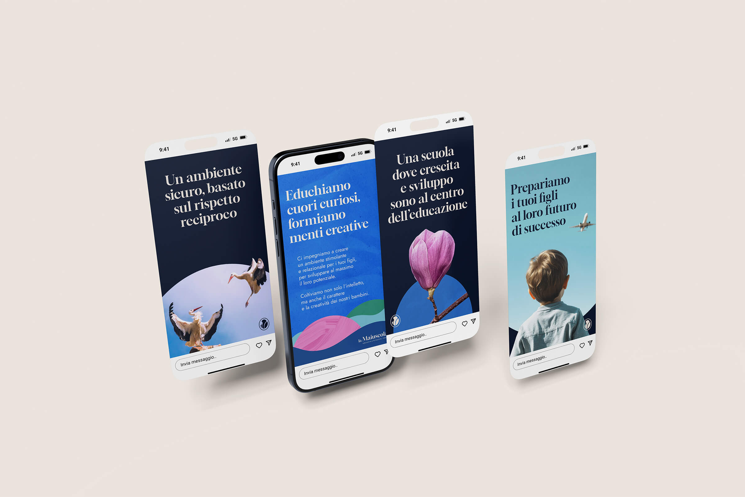 Four smartphones displaying Italian text promoting a safe environment, creative education, school growth, and preparing children for a successful future, with images of birds, a flower, and a child looking at an airplane.