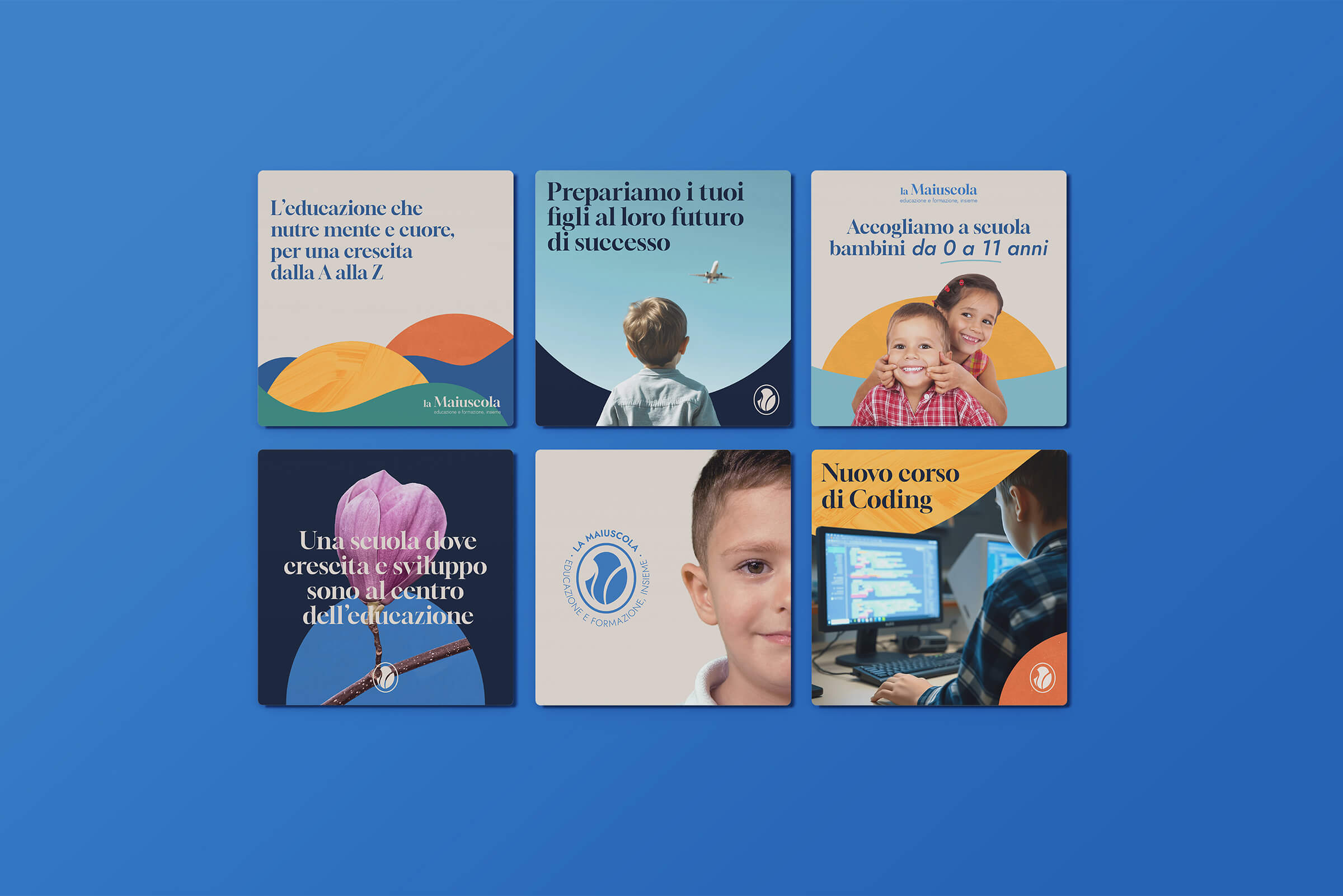 Grid of six educational-themed cards with Italian text, children's photos, and images promoting growth, success, and a new coding course.