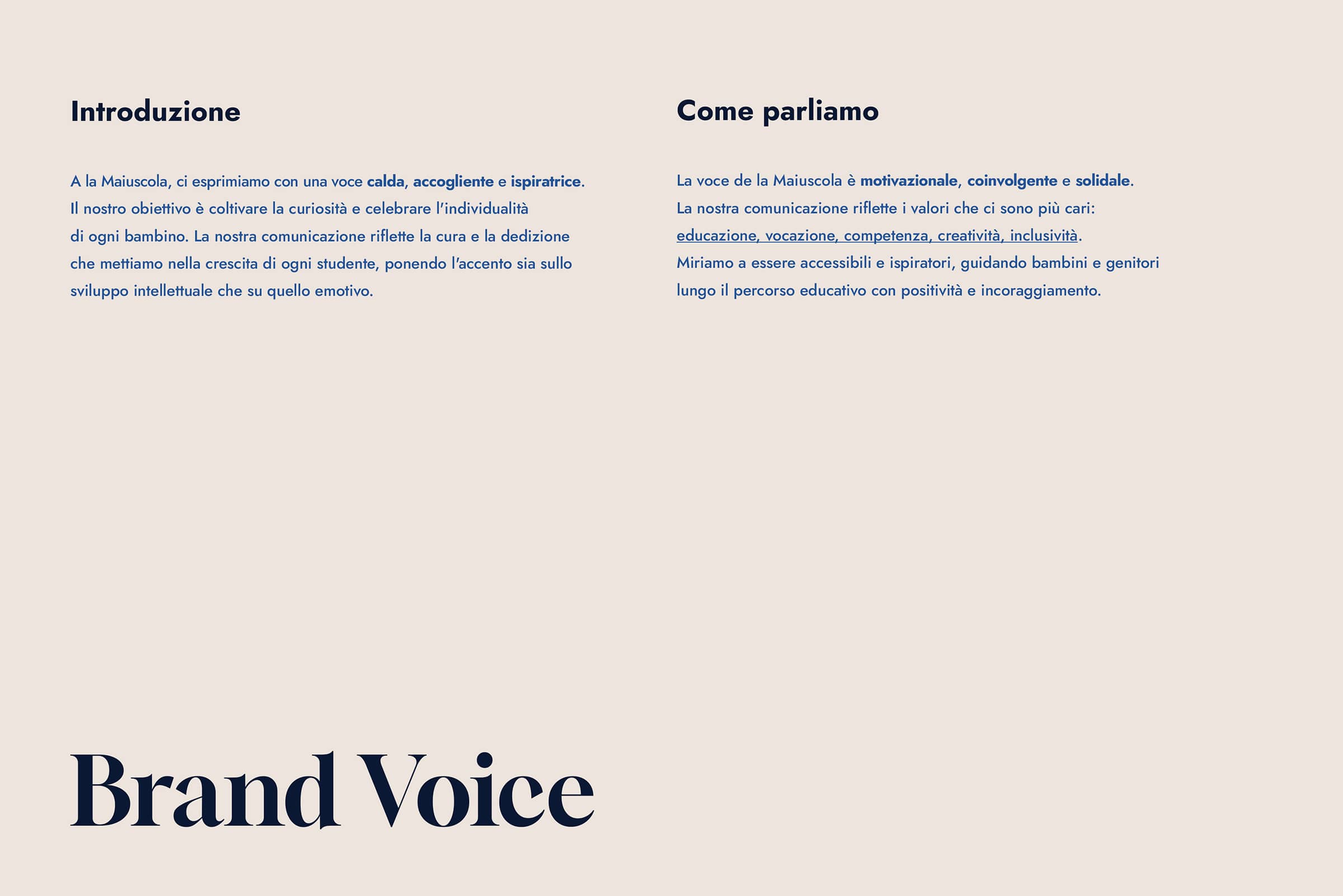Text in Italian describing 'Introduzione' and 'Come parliamo' about brand voice values such as warmth, motivation, education, creativity, and inclusivity.