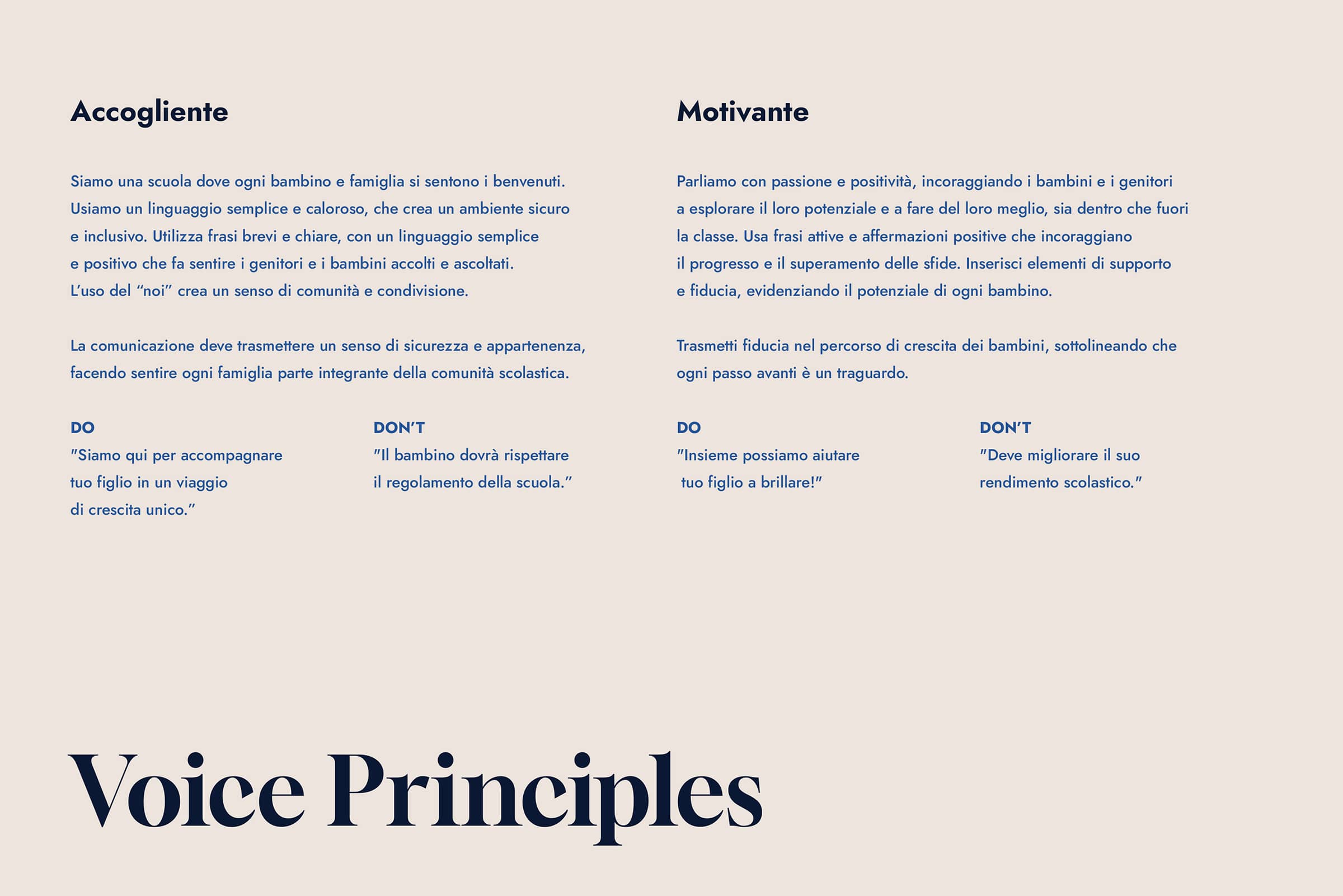 Text outlining 'Accogliente' and 'Motivante' voice principles for school communication, including do's and don'ts for inclusive and motivating language.