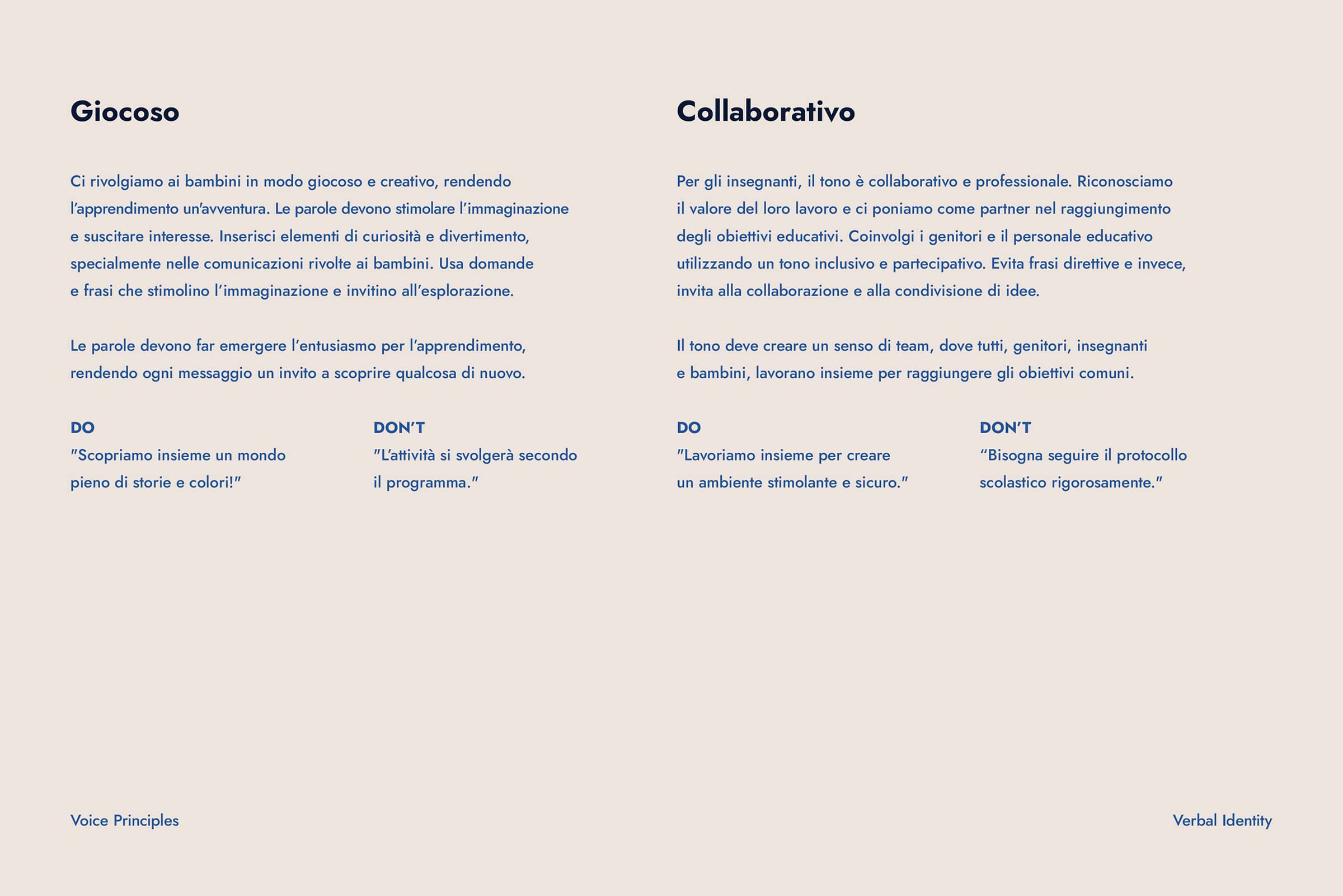Two columns of Italian text titled 'Giocoso' and 'Collaborativo' explaining playful and collaborative tone principles with do's and don'ts for educational communication.
