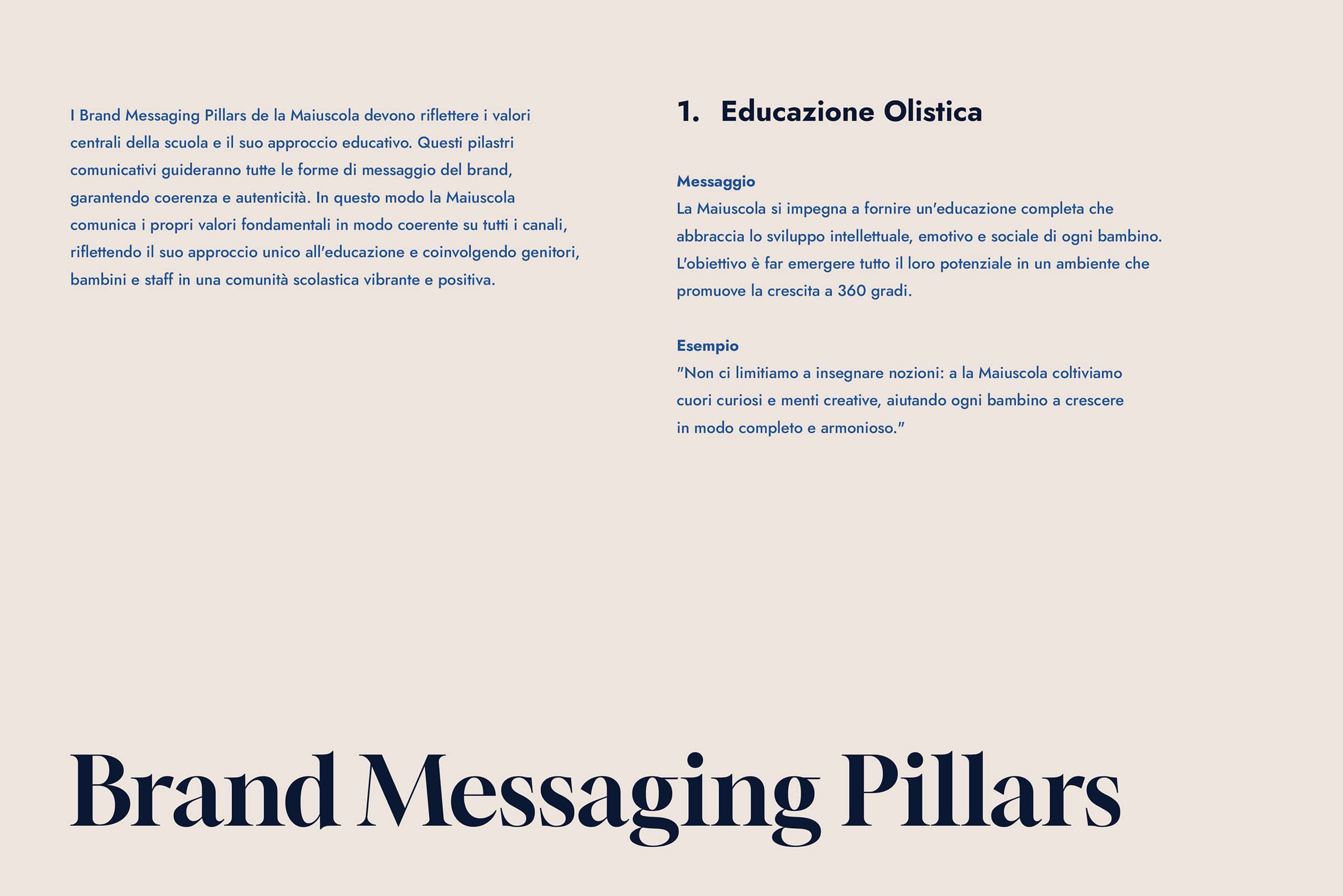Text in Italian describing the Brand Messaging Pillars of la Maiuscola school, focusing on holistic education emphasizing intellectual, emotional, and social development of children and involving parents, children, and staff in a vibrant school community.