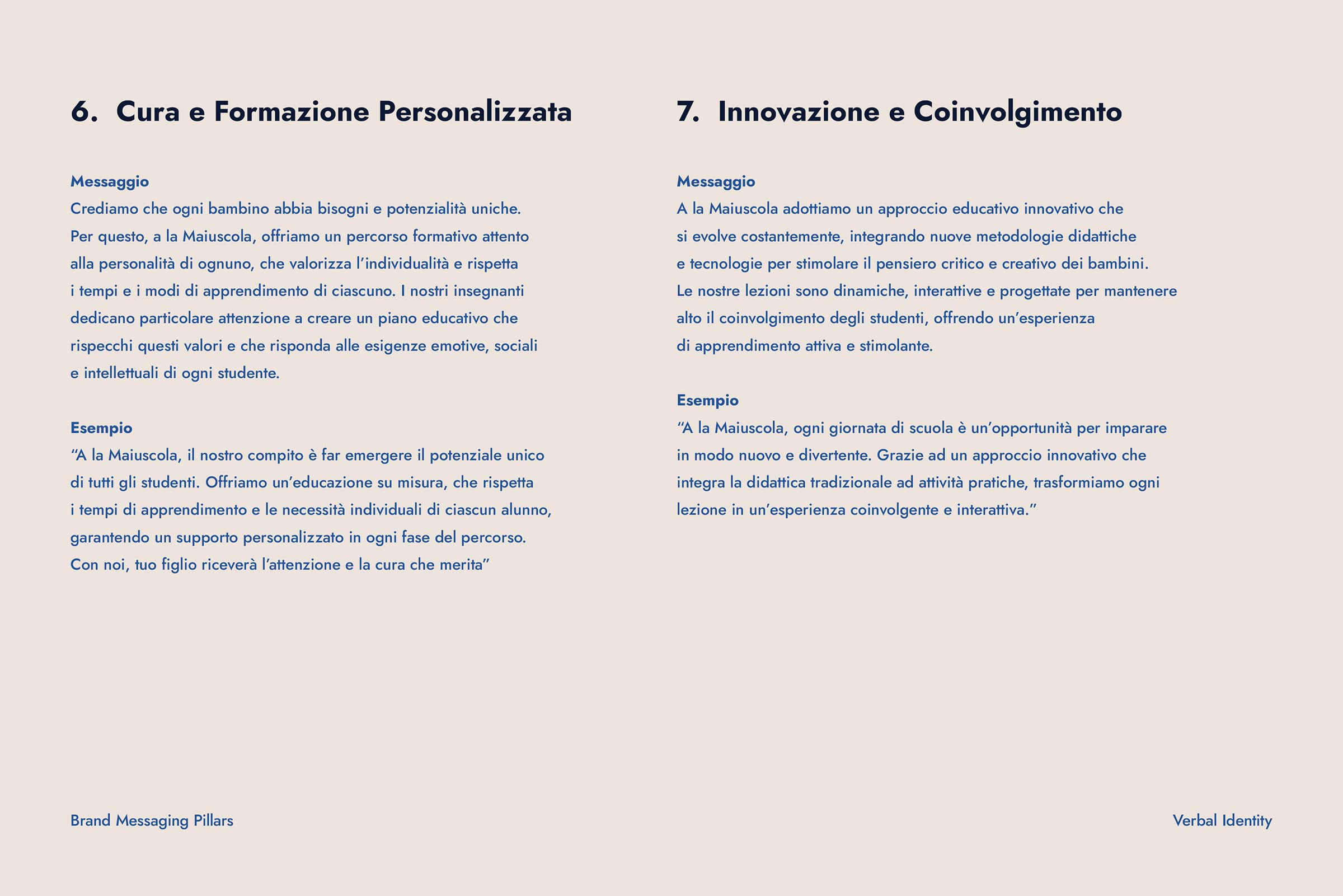Two sections of text titled '6. Cura e Formazione Personalizzata' and '7. Innovazione e Coinvolgimento' outlining personalized education and innovative engagement approaches in Italian.