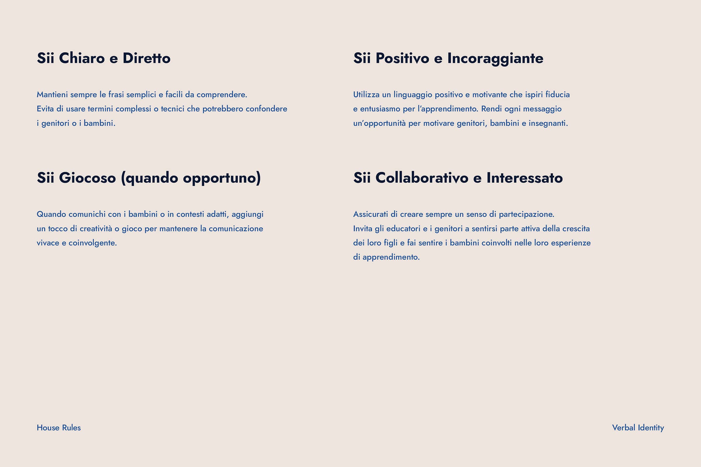 Italian guidelines for communication with children and parents emphasizing clarity, positivity, playfulness, and collaboration.