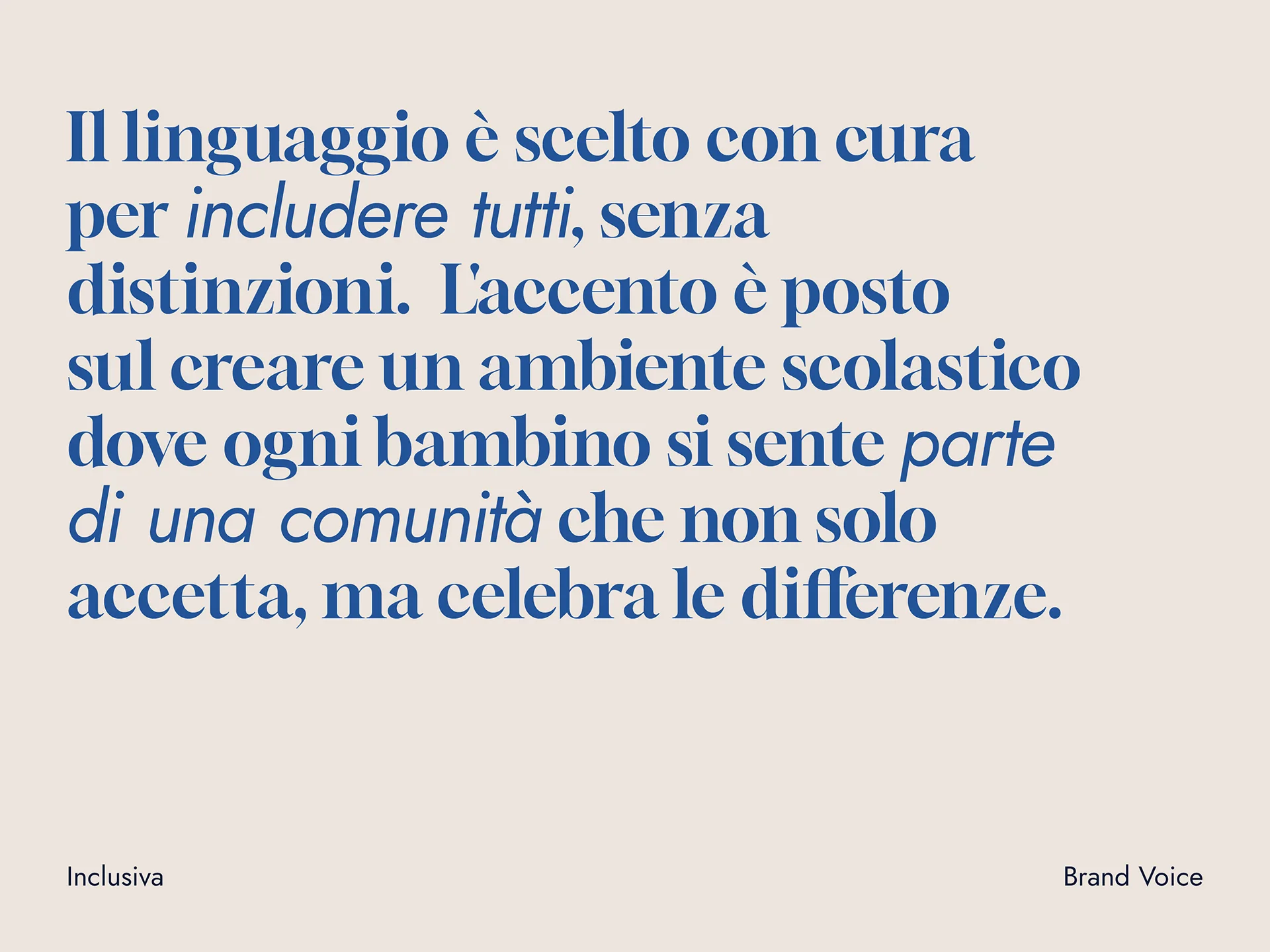 Text in Italian emphasizing careful language choice to include all children in a school environment that celebrates differences.