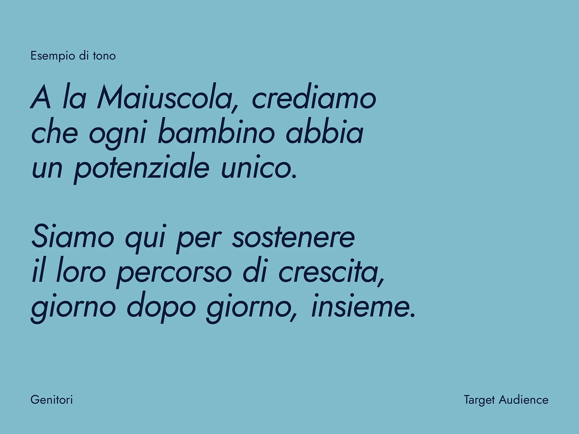 Light blue background with Italian text about believing in every child's unique potential and supporting their growth journey together, labeled for parents as the target audience.