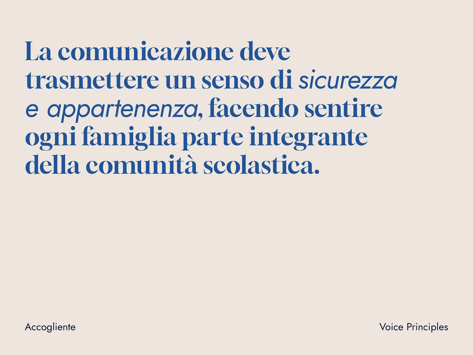 Italian text emphasizing communication should convey security and belonging, making every family feel part of the school community.