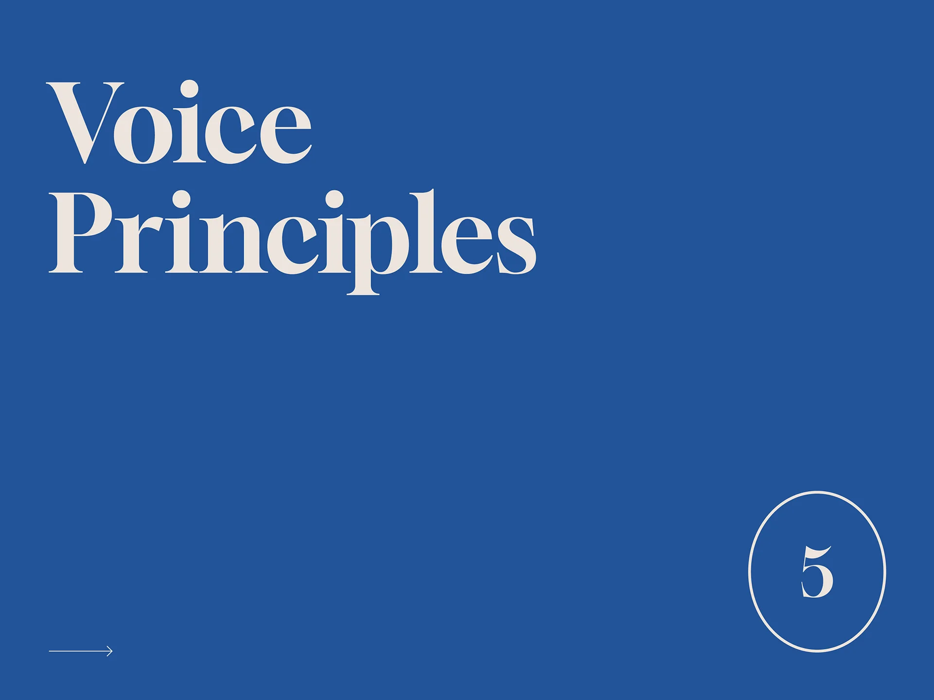 Blue background with large white text saying 'Voice Principles' and a circled number 5 in the bottom right corner.