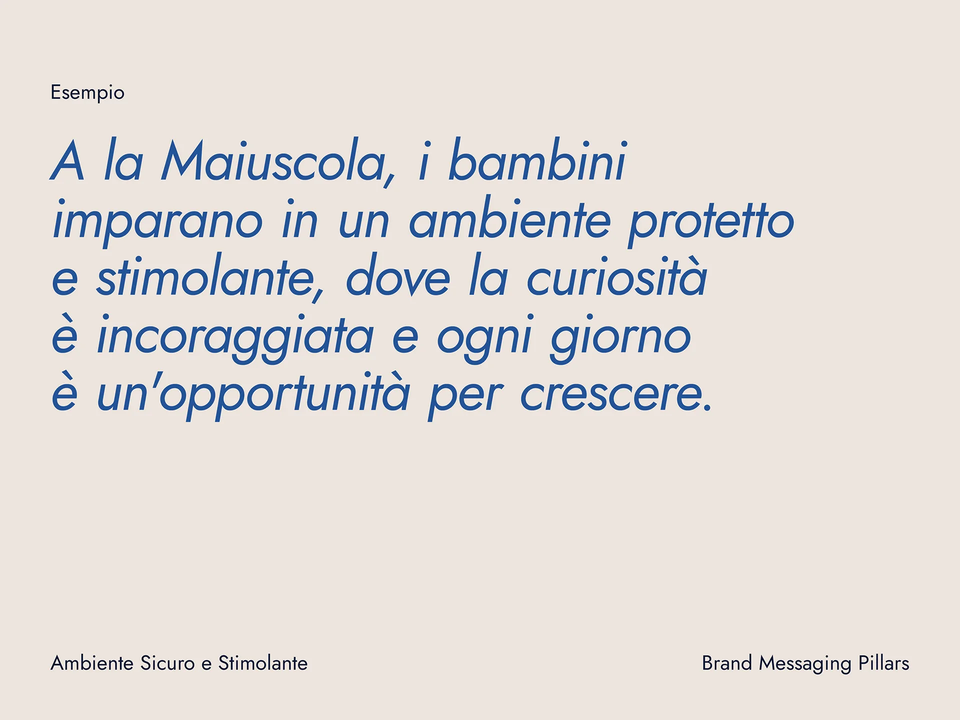 Text in Italian describing a protected and stimulating environment where children are encouraged to learn and grow every day.