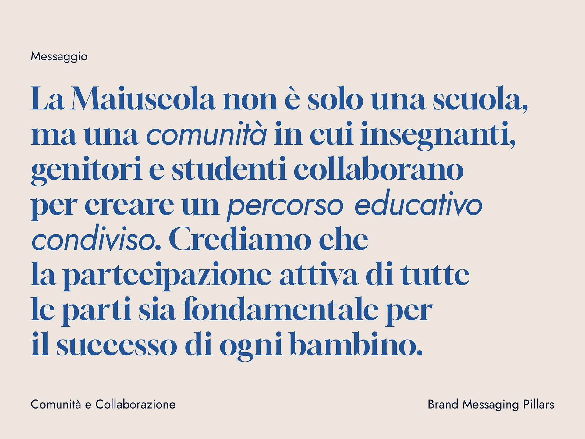 Text in Italian about La Maiuscola being a community where teachers, parents, and students collaborate to create a shared educational path for every child's success.