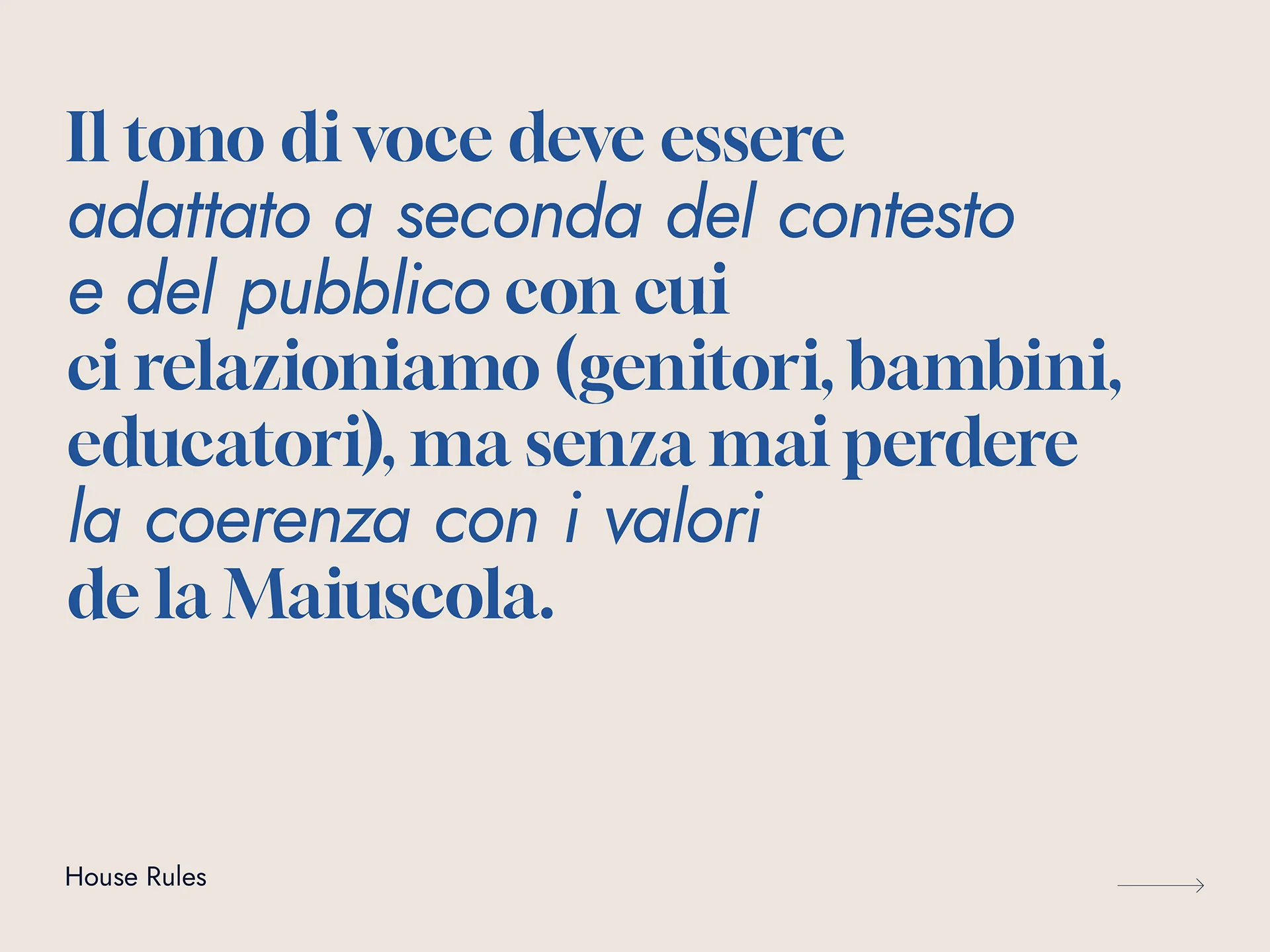 Italian text emphasizing that tone of voice should adapt to context and audience but remain consistent with Maiuscola's values.